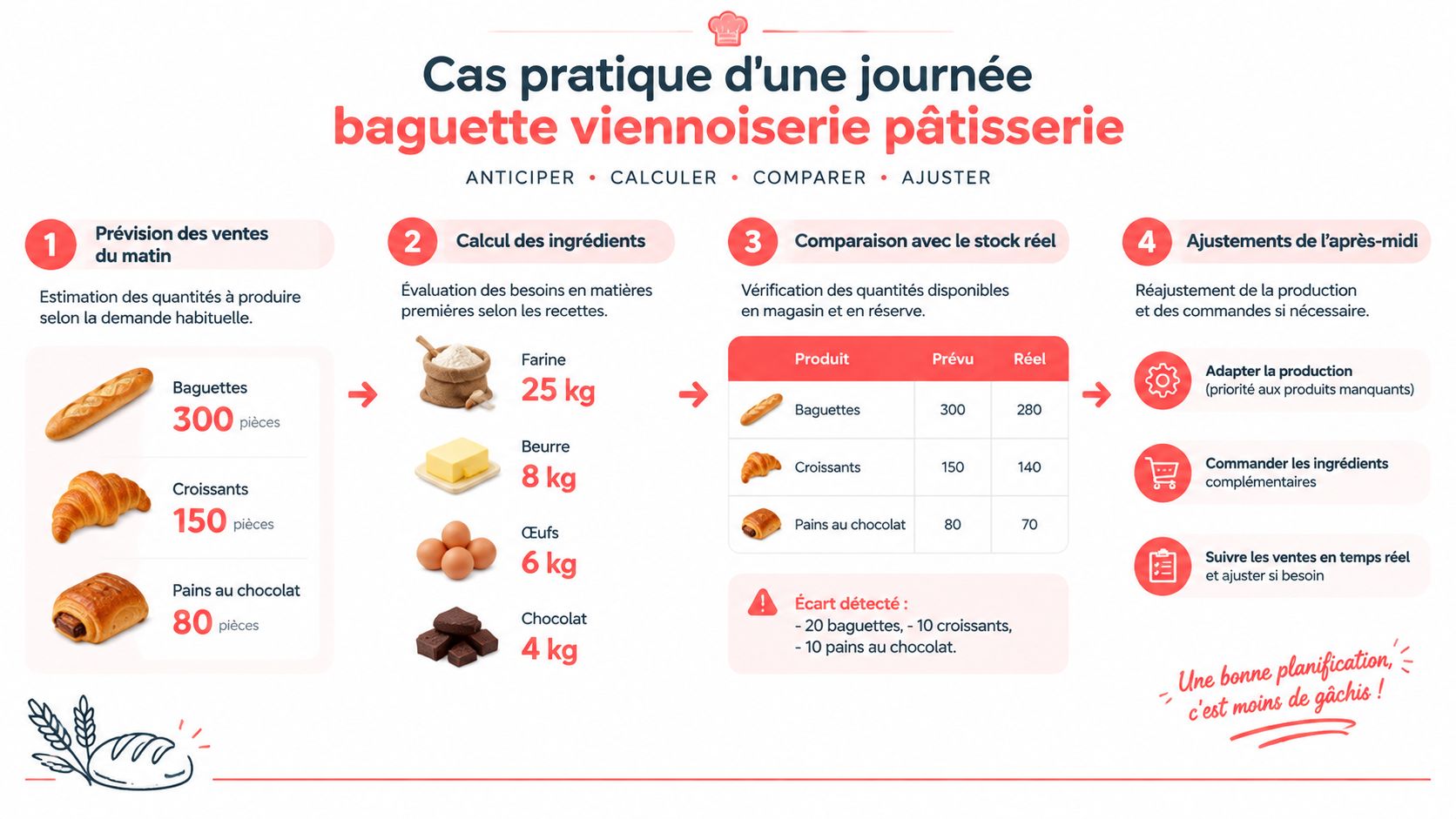Infographie illustrant les étapes de gestion quotidienne des stocks pour une boulangerie, pâtisserie et viennoiserie artisanale.