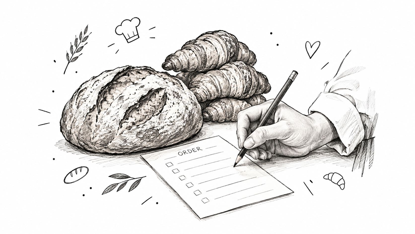 Une main tenant un crayon complète une liste de commande près de pain frais et de croissants.