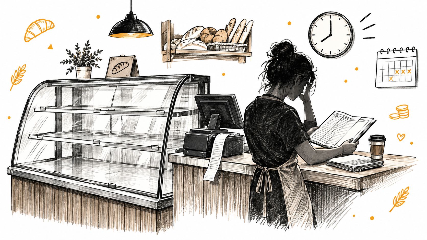 Une boulangère fatiguée vérifie ses comptes financiers derrière un comptoir vide dans sa boulangerie artisanale.