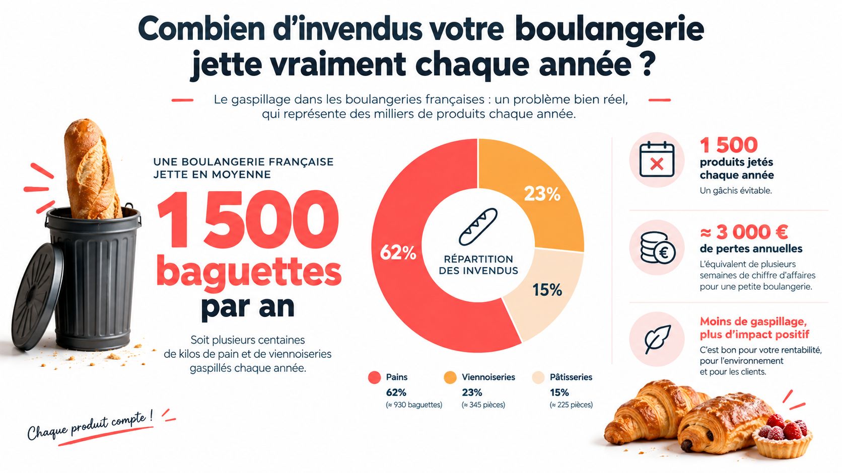 Infographie montrant le gaspillage alimentaire annuel dans une boulangerie française avec des statistiques sur les invendus.
