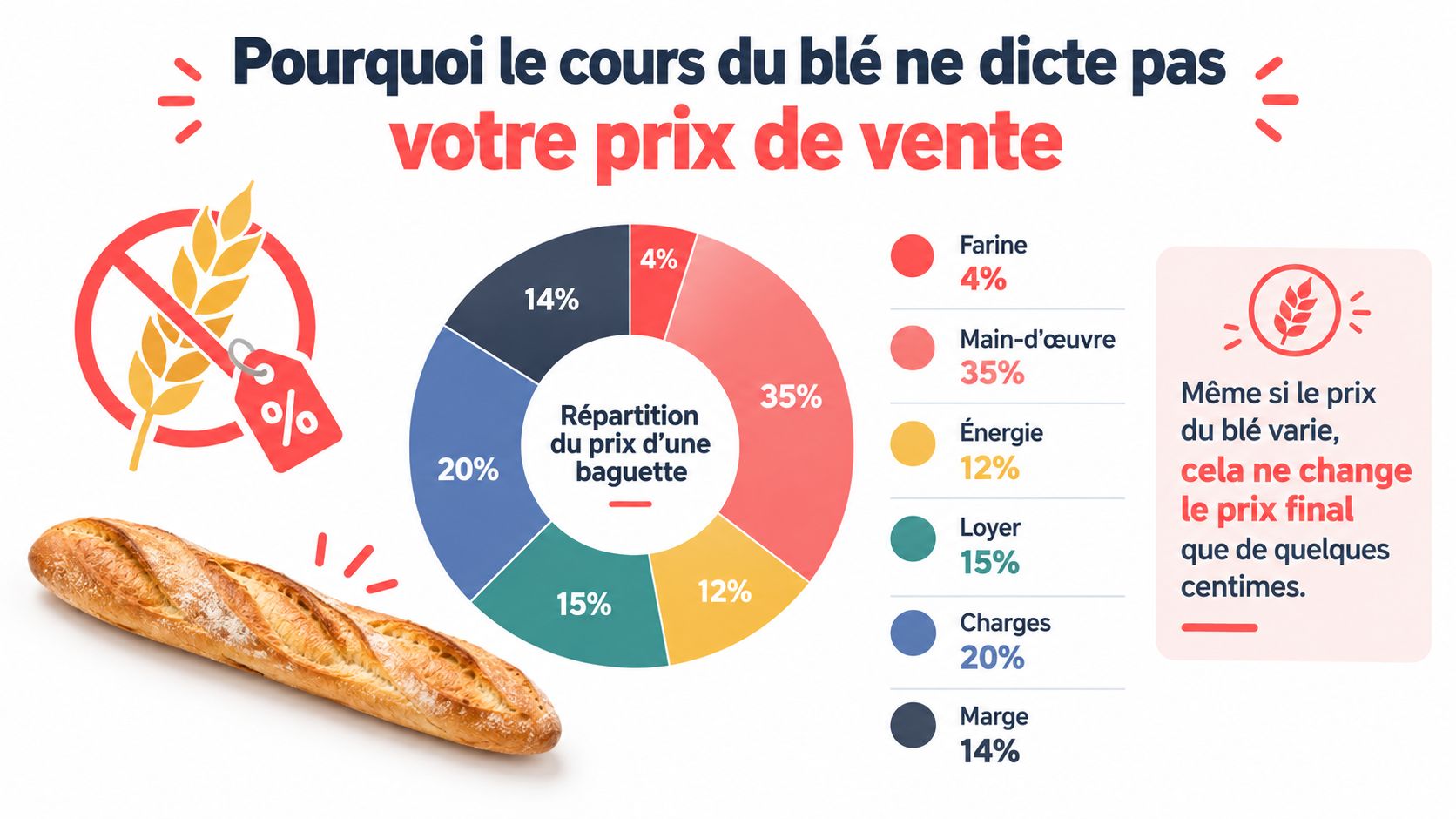 Un graphique circulaire illustrant la répartition des coûts d'une baguette de pain en boulangerie selon les postes.