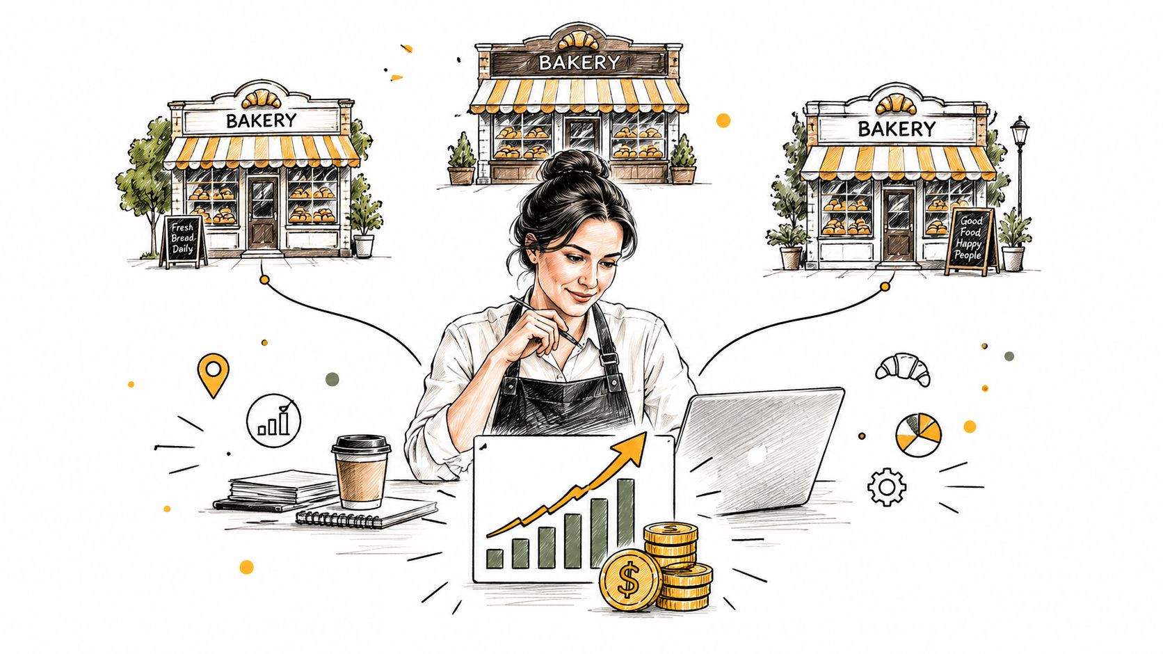 Une boulangère gérant efficacement plusieurs points de vente à travers un logiciel de gestion sur son ordinateur.