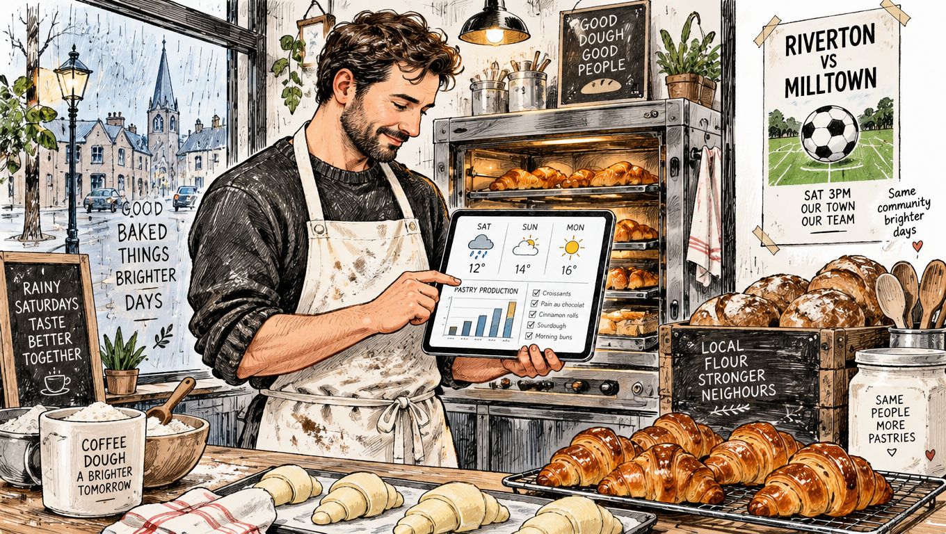 Un boulanger souriant utilise une tablette numérique pour gérer sa production de viennoiseries artisanales dans sa boutique.