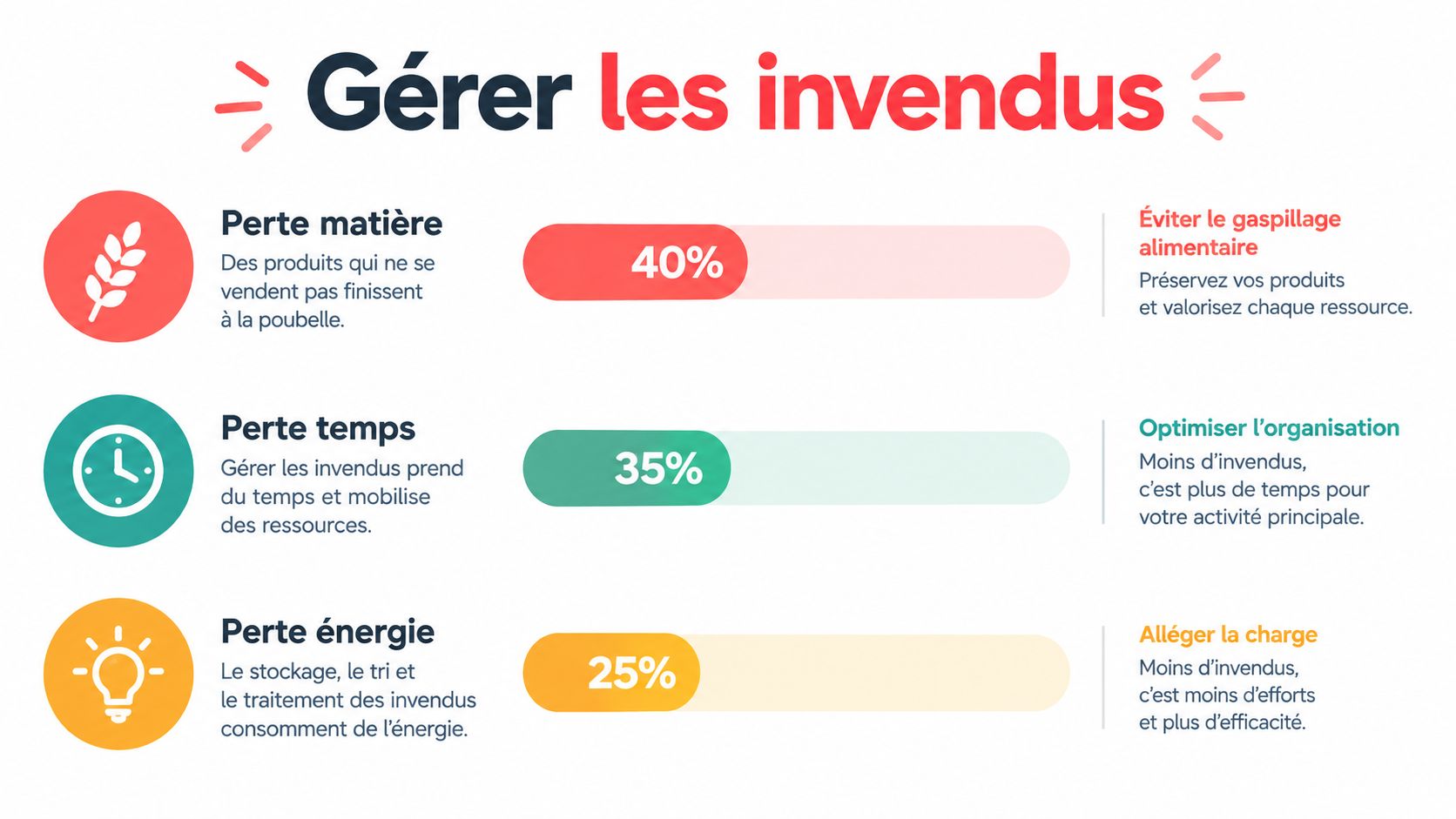 Infographie illustrant les trois types de pertes liées à la gestion des invendus alimentaires en entreprise.
