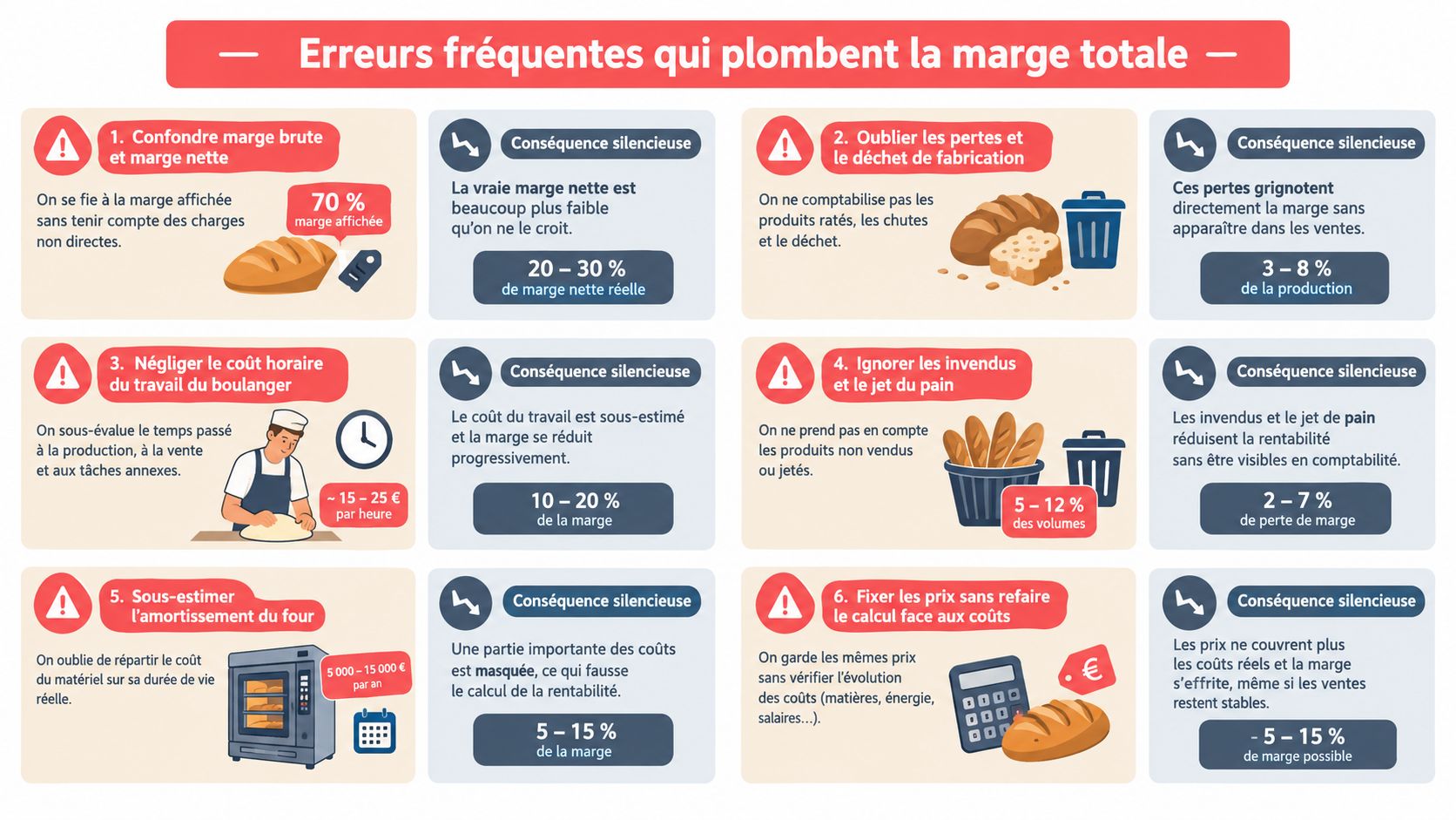 Infographie illustrant six erreurs courantes qui réduisent la marge bénéficiaire totale dans une boulangerie artisanale.