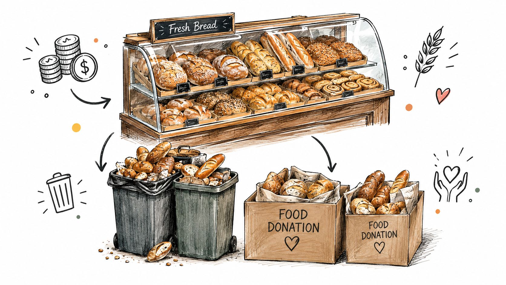 Une illustration comparant le gaspillage alimentaire à la poubelle versus le don de nourriture pour boulangerie.
