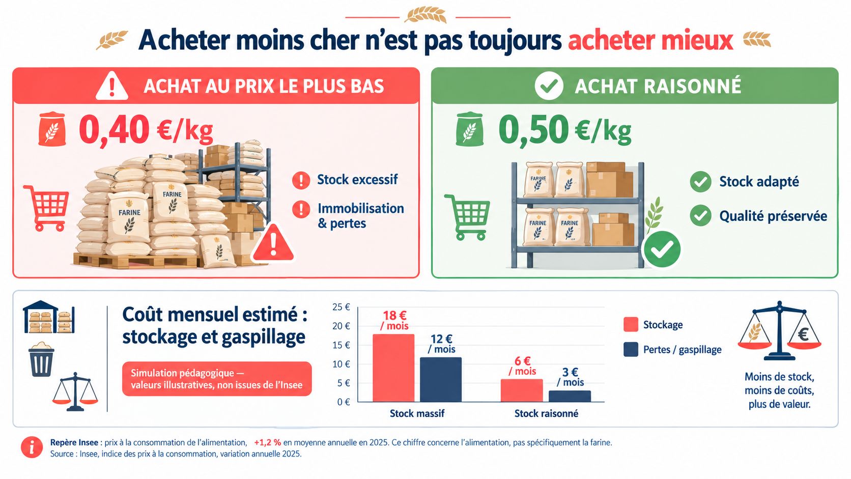 Infographie comparant l'achat en gros au prix bas par rapport à un achat raisonné et optimisé.