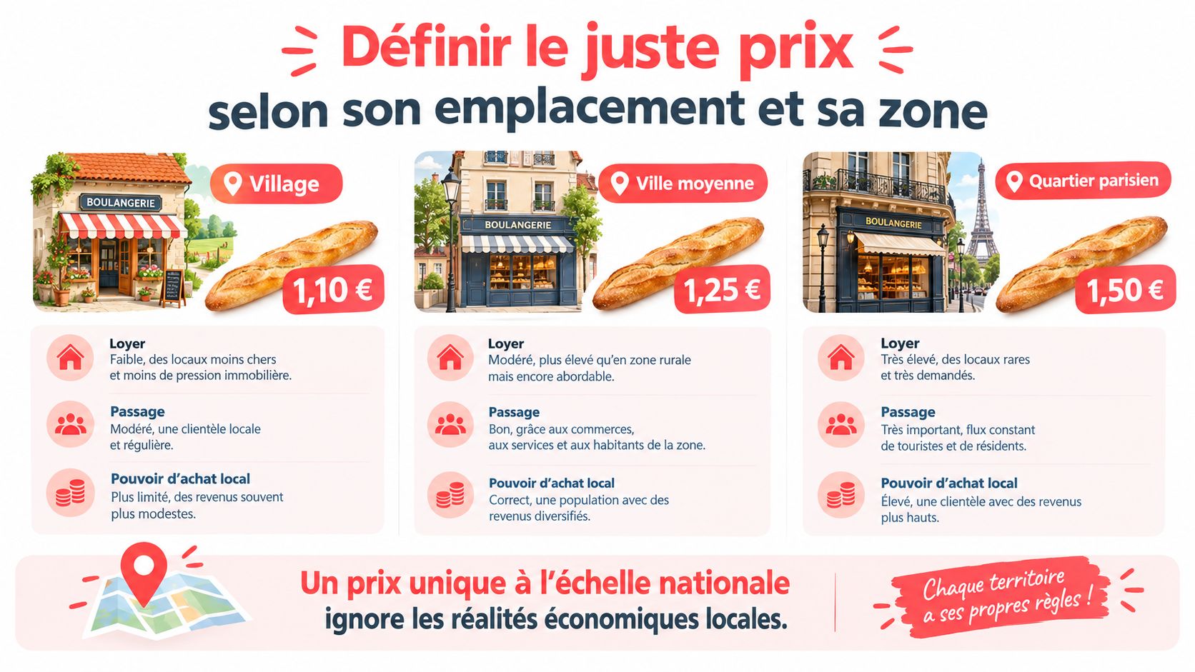 Infographie illustrant la variation du prix d'une baguette selon l'emplacement géographique de la boulangerie en France.