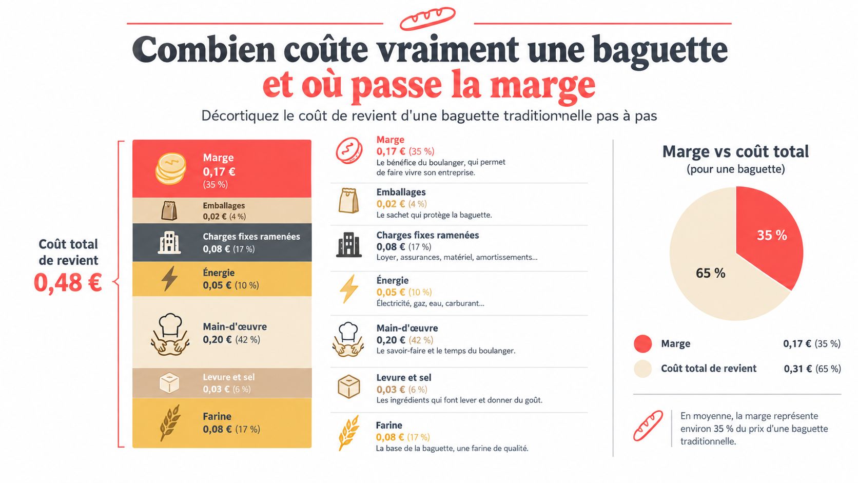 Infographie détaillant la décomposition du coût de revient et la marge bénéficiaire d'une baguette de tradition française.