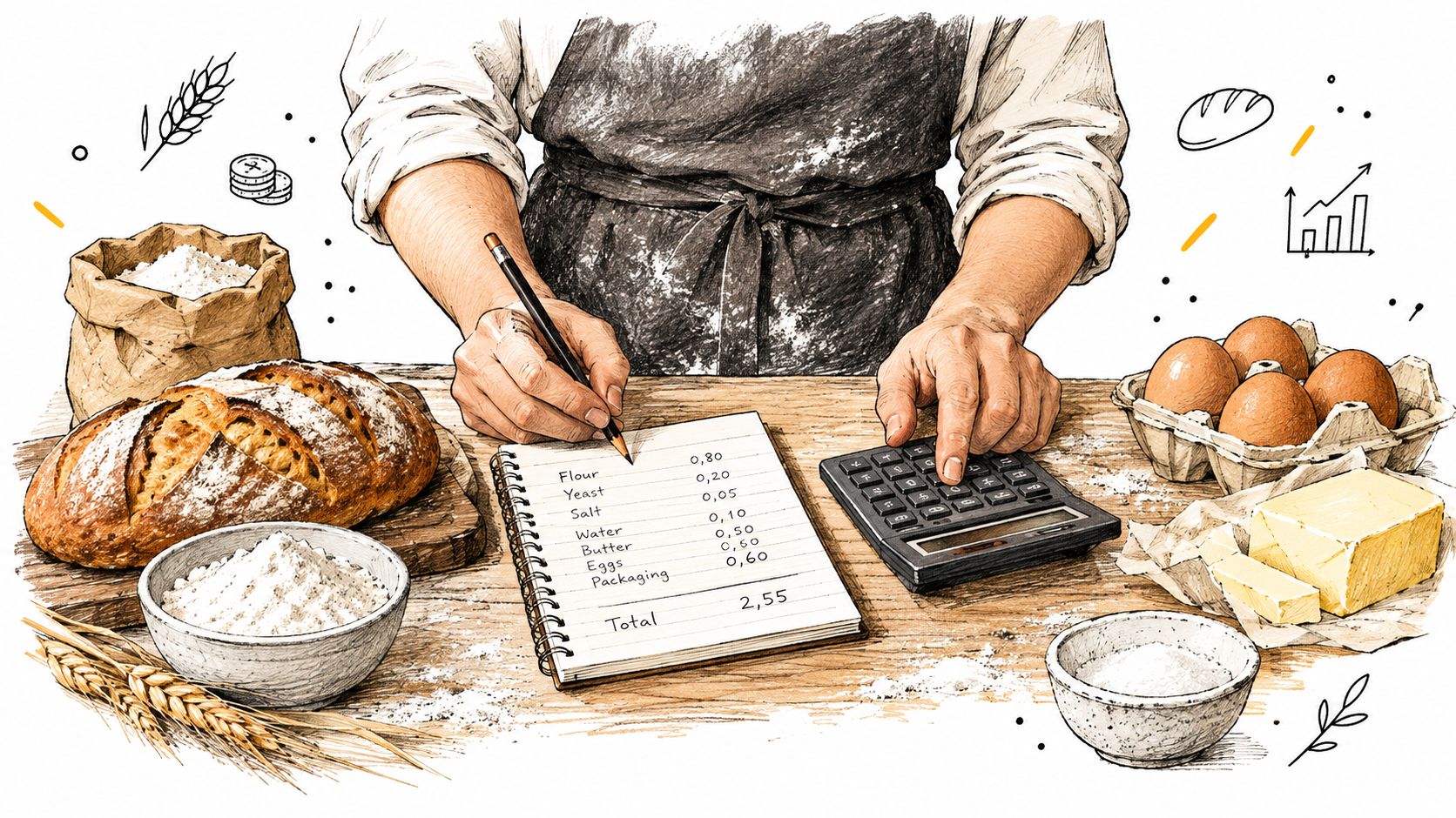 Un boulanger calcule les coûts de production de son pain sur un carnet avec une calculatrice.