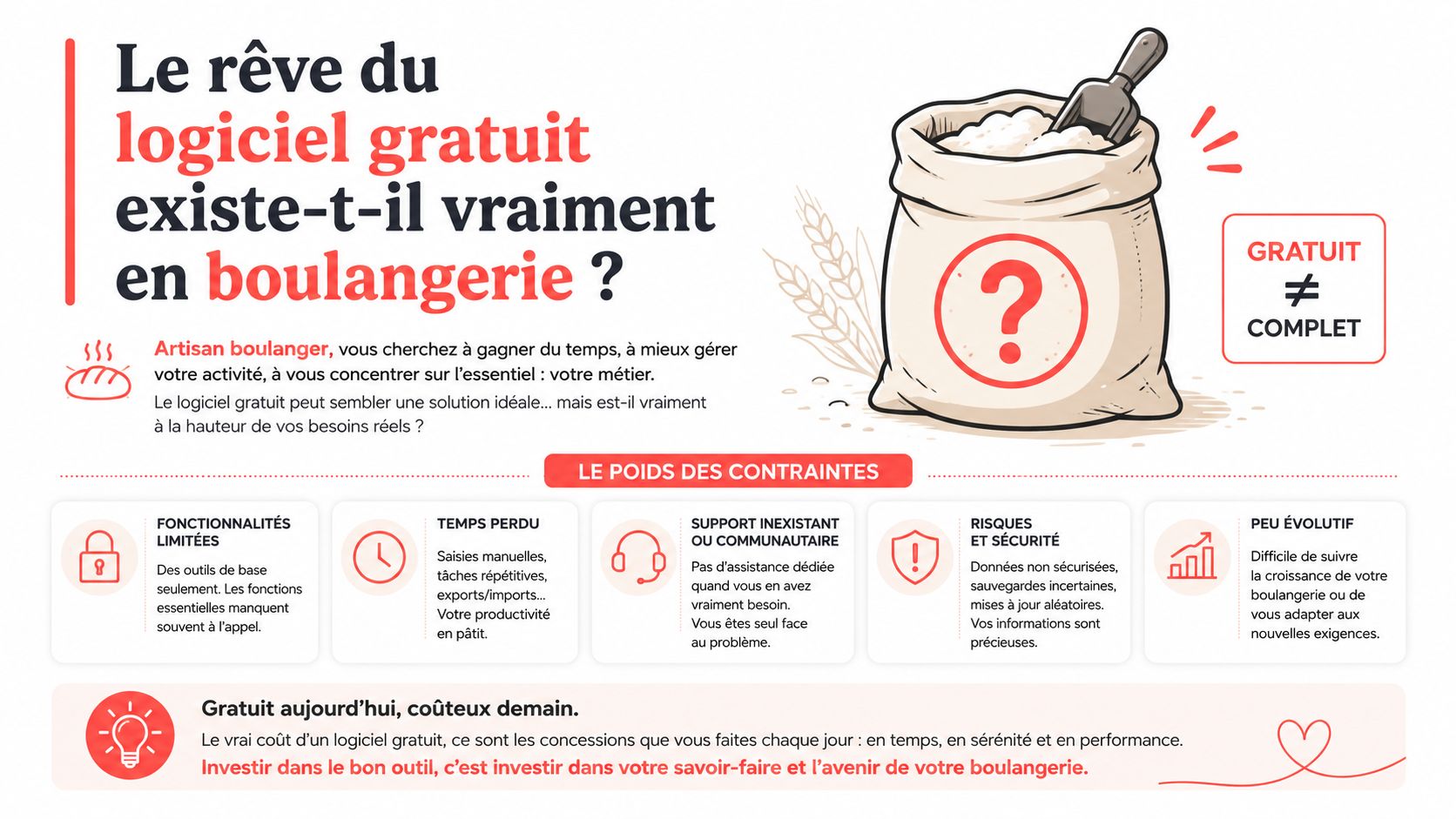 Infographie illustrant les limites et les risques cachés liés à l'utilisation d'un logiciel gratuit en boulangerie.