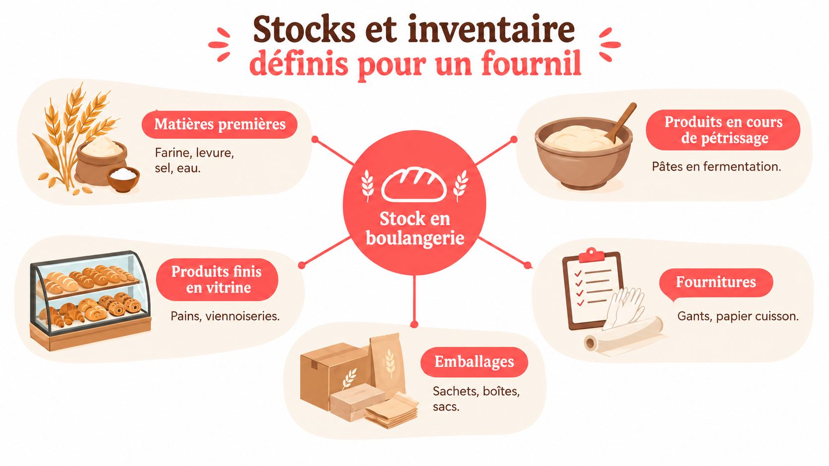 Illustration montrant les différents types de stocks et d'inventaire dans une boulangerie, incluant ingrédients, emballages et produits.