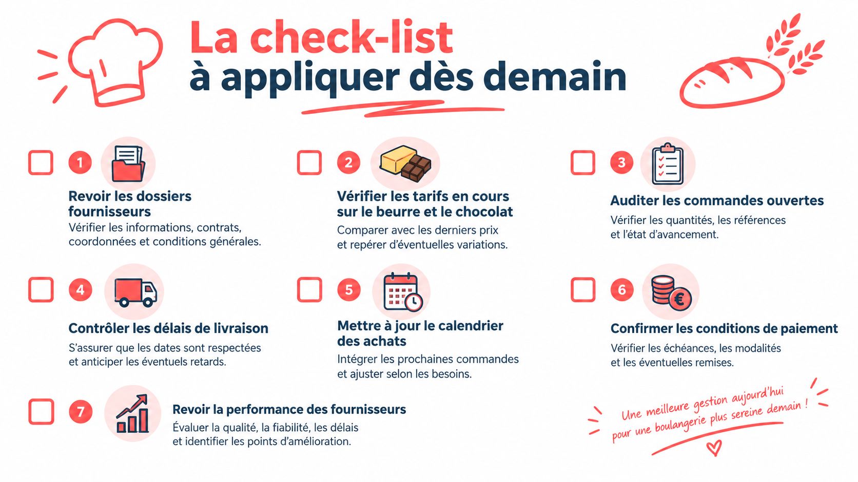 Une infographie présentant une liste de contrôle pour optimiser la gestion des achats dans une boulangerie professionnelle.