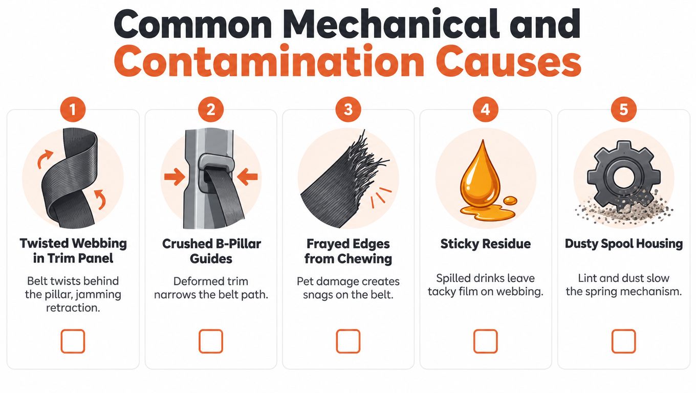 An infographic detailing five common mechanical and contamination causes for seat belt retraction issues in vehicles.