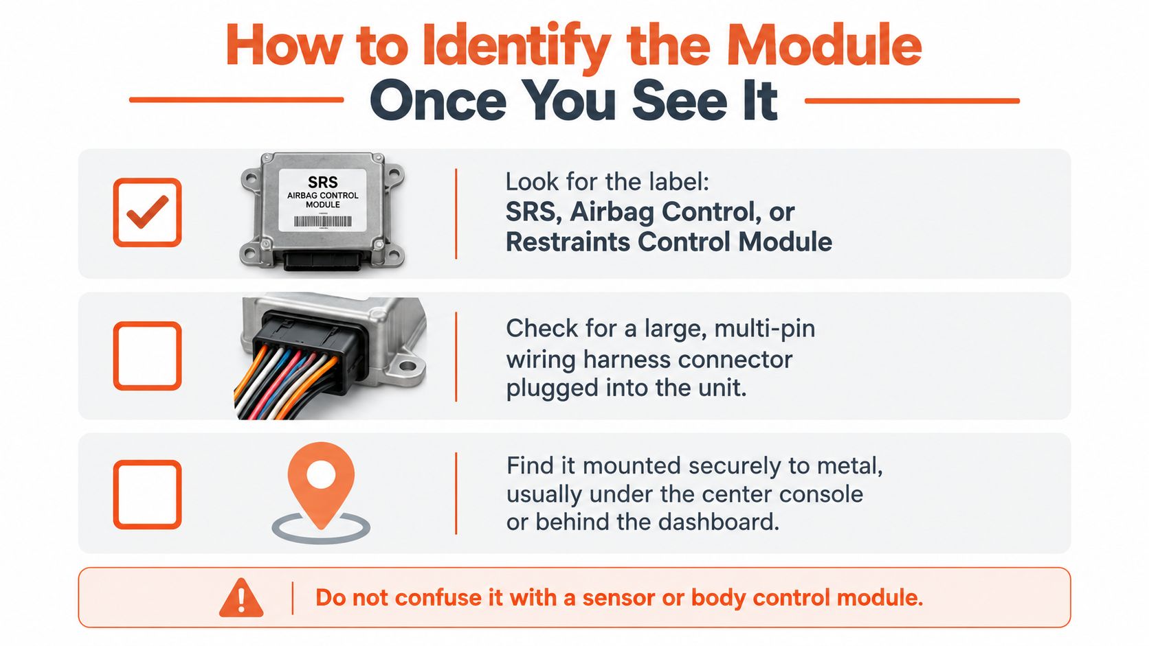 An infographic showing instructions on how to identify an automotive airbag control module by label and location.