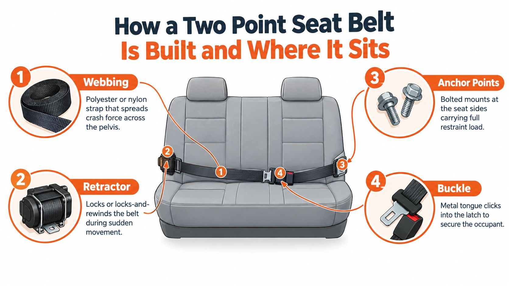 A diagram explaining the construction and components of a two point seat belt in a vehicle.