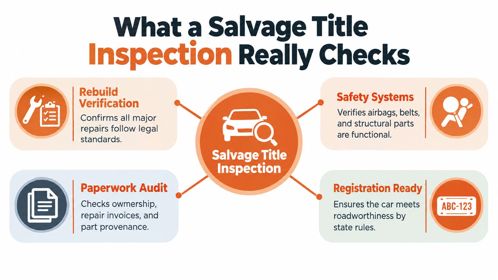 A diagram illustrating the four key components checked during a state-mandated salvage title vehicle inspection process.
