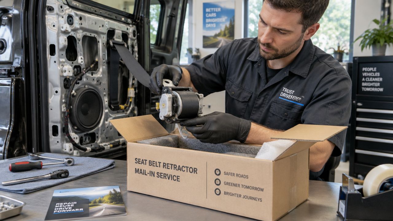 A technician wearing black gloves inspecting a seat belt retractor component over a mail-in repair box.