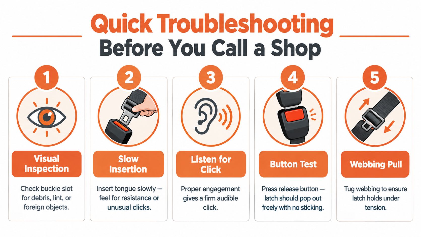 An infographic showing five quick troubleshooting steps for fixing a car seat belt latch before visiting a shop.