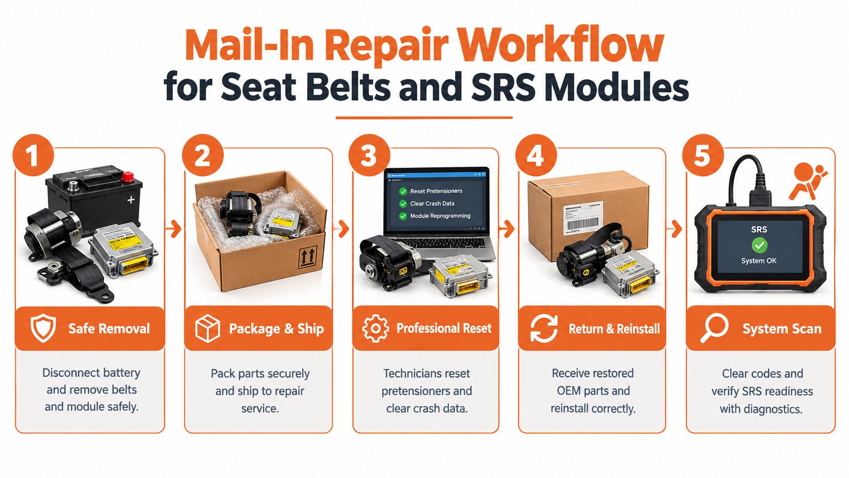 A five-step infographic illustrating the mail-in repair workflow for vehicle seat belts and SRS airbag control modules.