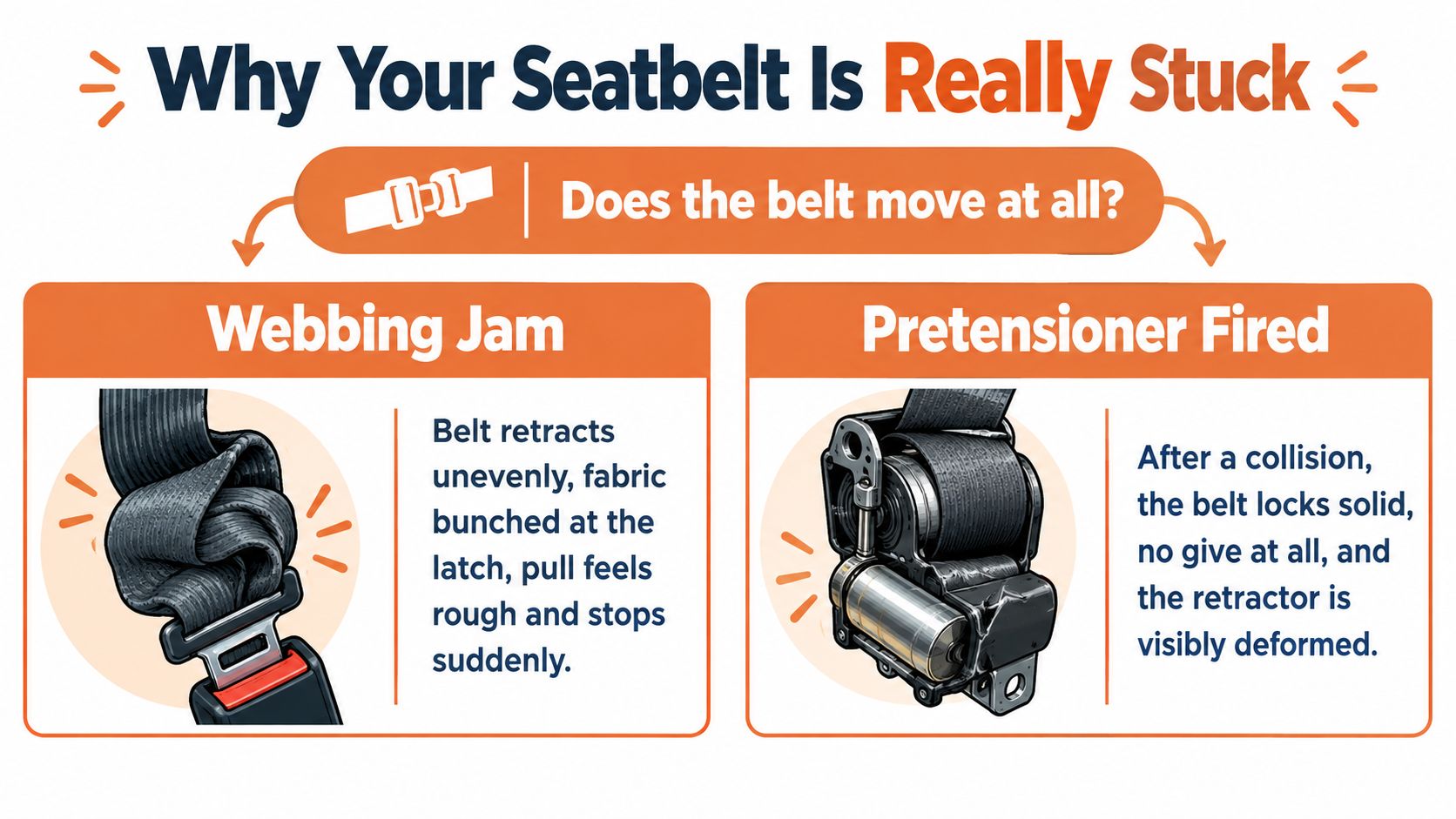 An infographic illustrating two common causes for a stuck seatbelt: a webbing jam and a fired pretensioner.