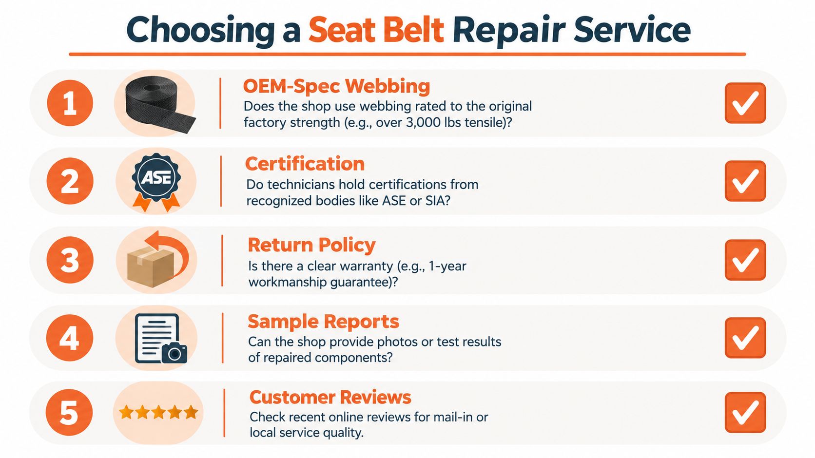 An infographic titled Choosing a Seat Belt Repair Service with five key considerations for customers.