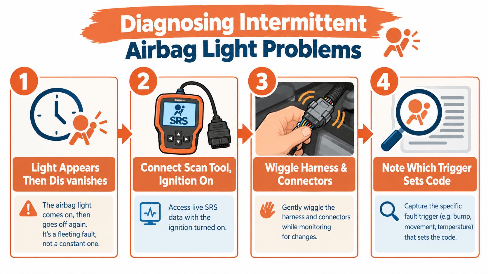 A four-step infographic showing how to diagnose intermittent airbag light problems in a vehicle using a scan tool.