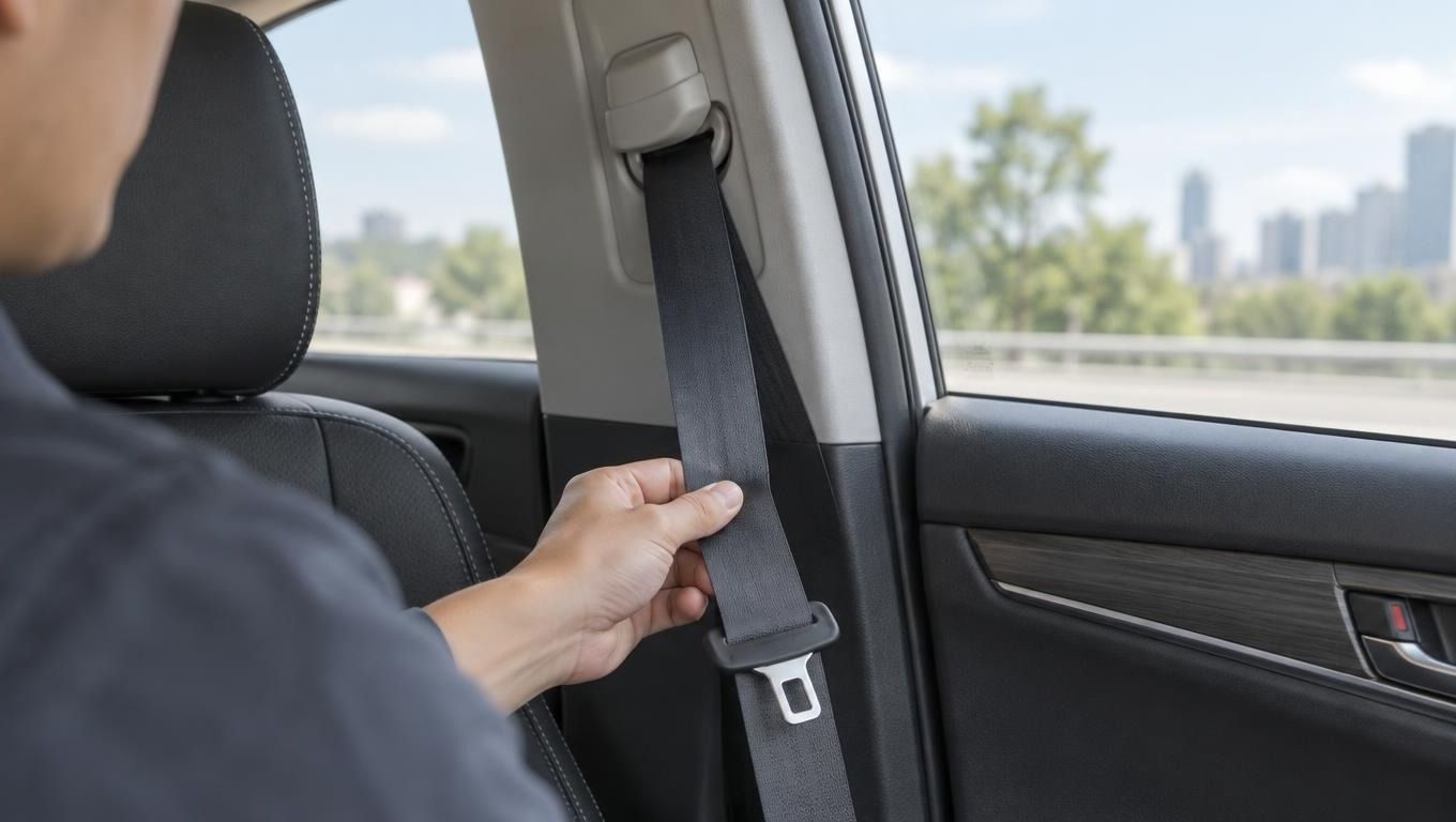 A person sitting in a car seat holding a seat belt that is failing to retract correctly.