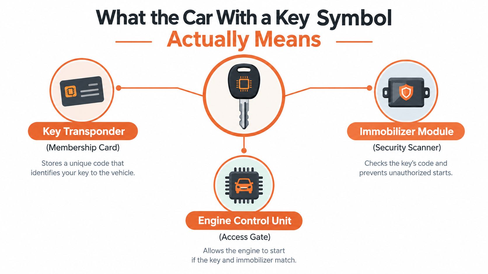 A diagram explaining the automotive security system involving a key transponder, immobilizer module, and engine control unit.