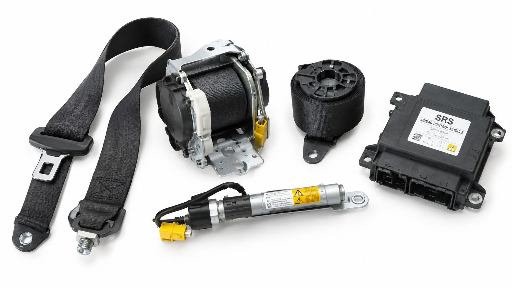 A set of car safety restraint system components including a seat belt retractor, airbag module, and tensioner.