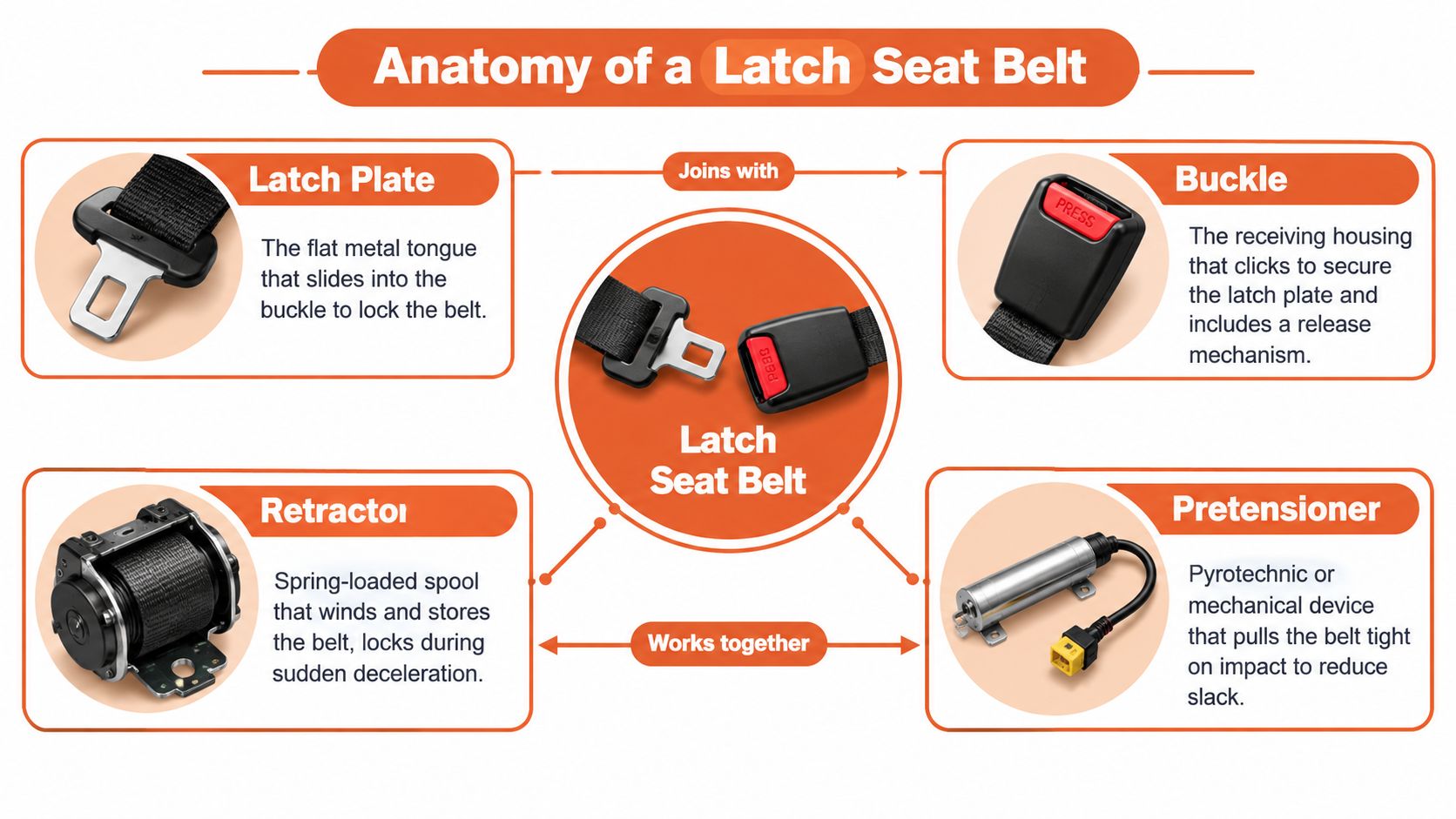 An infographic illustrating the four key components of a vehicle latch seat belt system with descriptive labels.