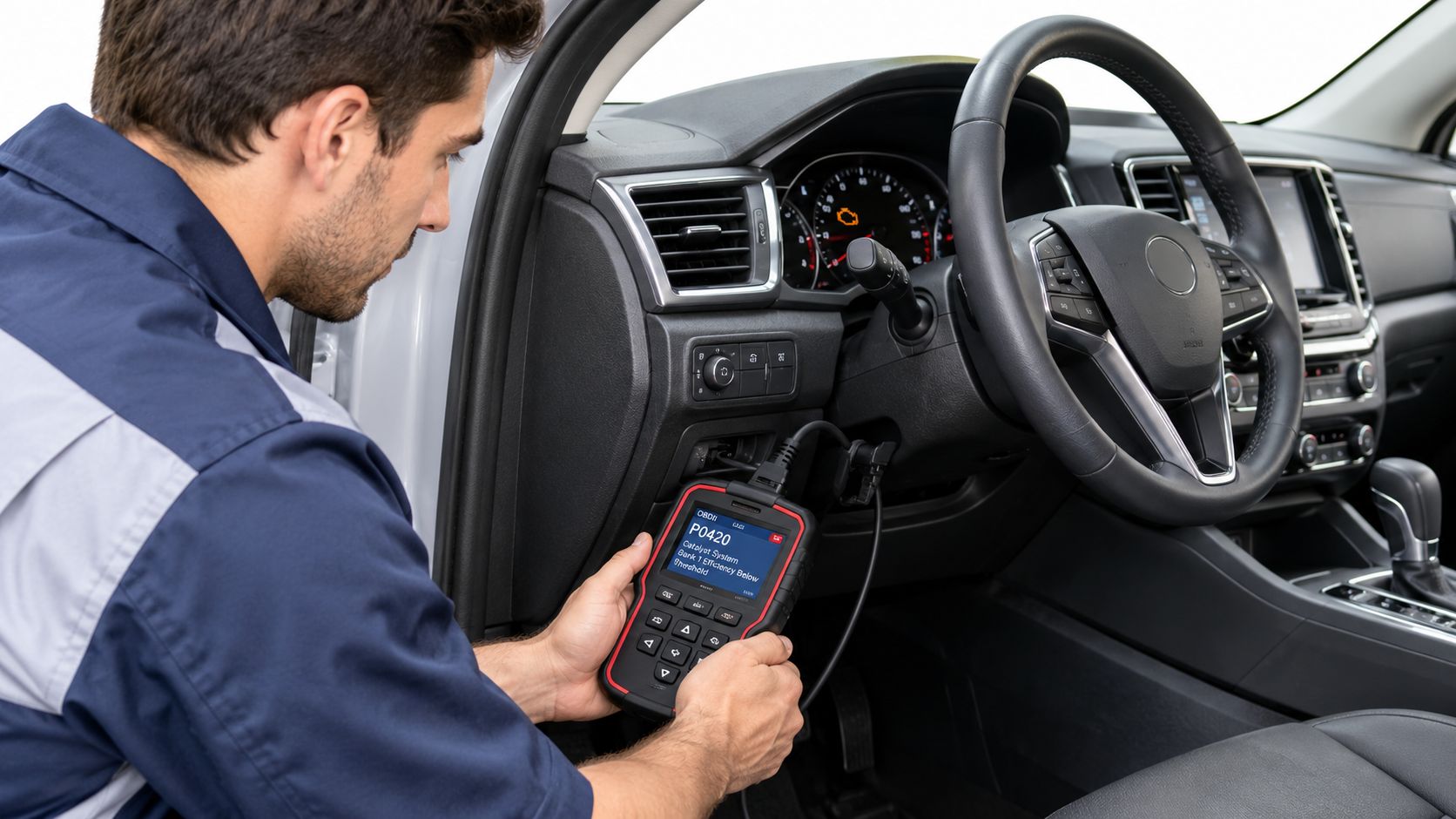 A professional mechanic uses an OBDII diagnostic scanner to check engine error codes in a car interior.