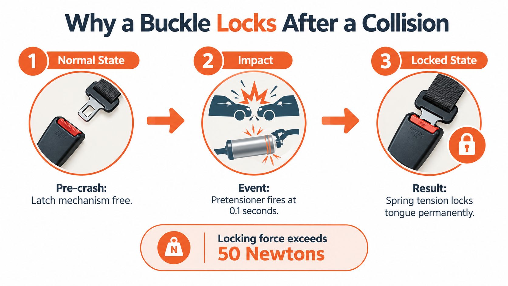 A diagram illustrating the three steps of how a car seat belt buckle locks during a collision.