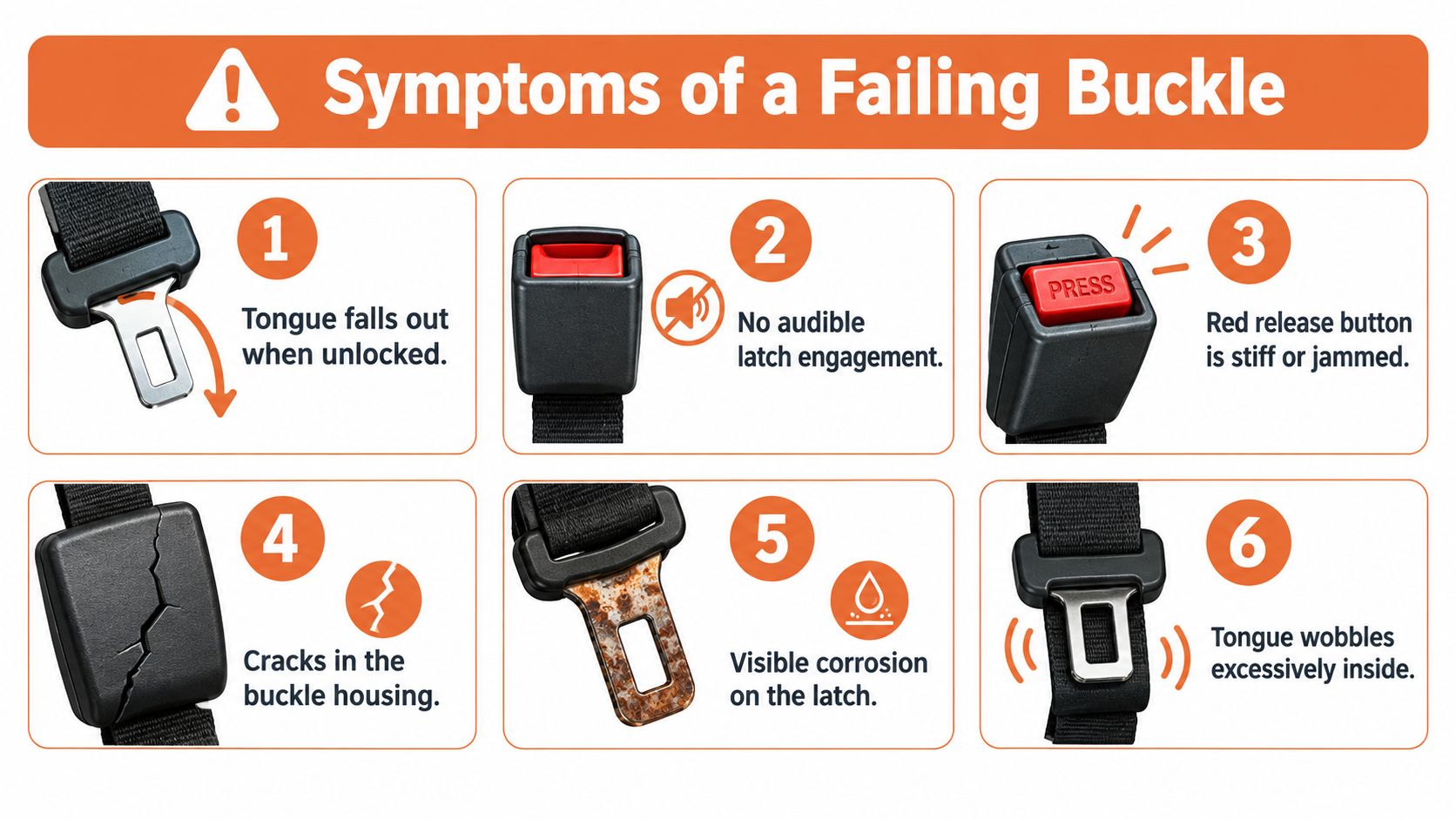 An infographic showing six common visual and mechanical symptoms of a failing car seat belt buckle.