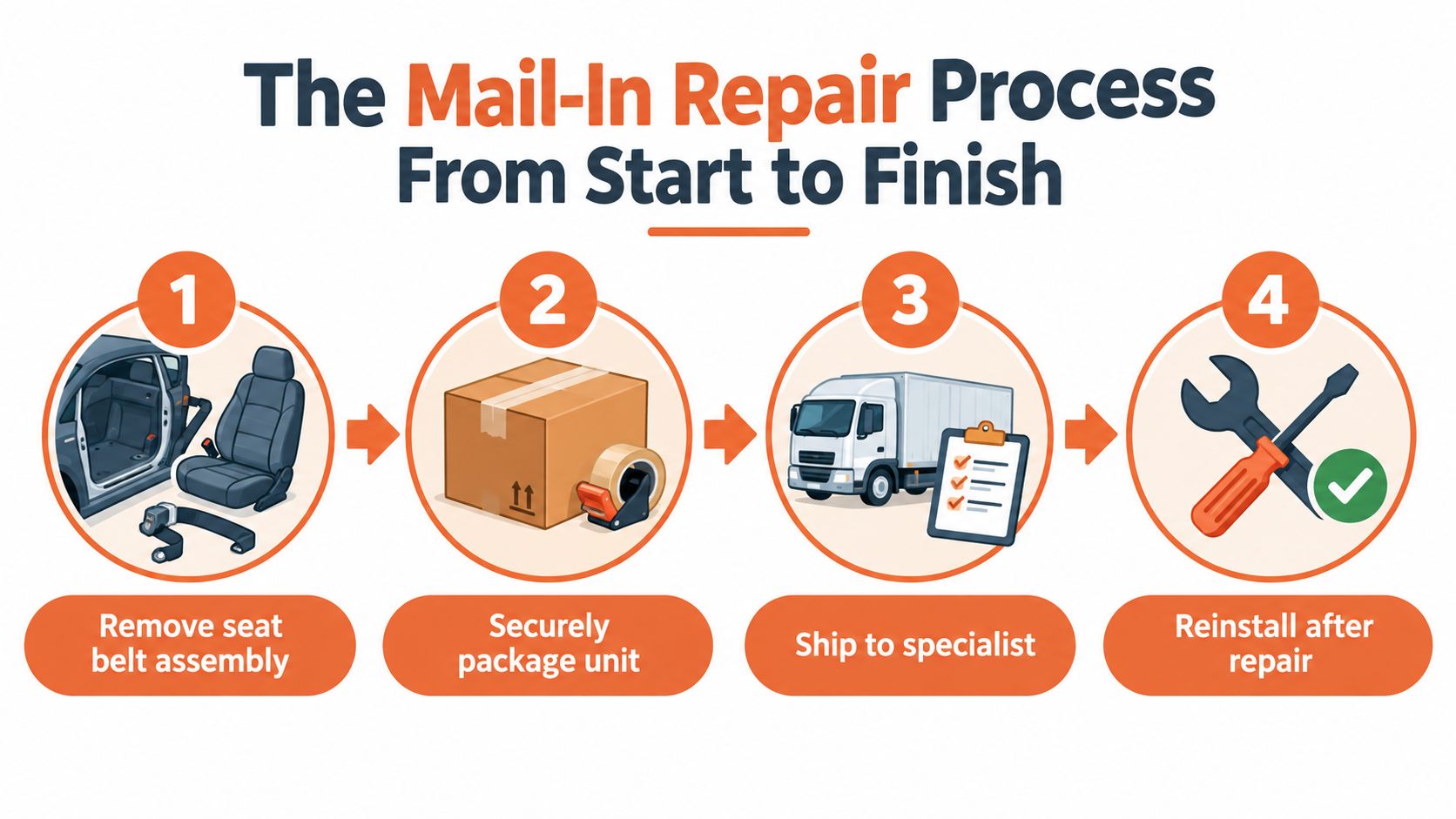 A four-step infographic illustrating the mail-in repair process for a car seat belt assembly.