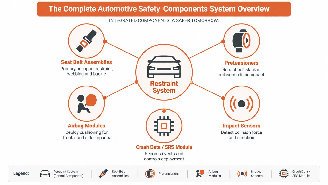 A diagram outlining the key automotive safety components including seat belts, pretensioners, airbag modules, sensors, and the SRS module.