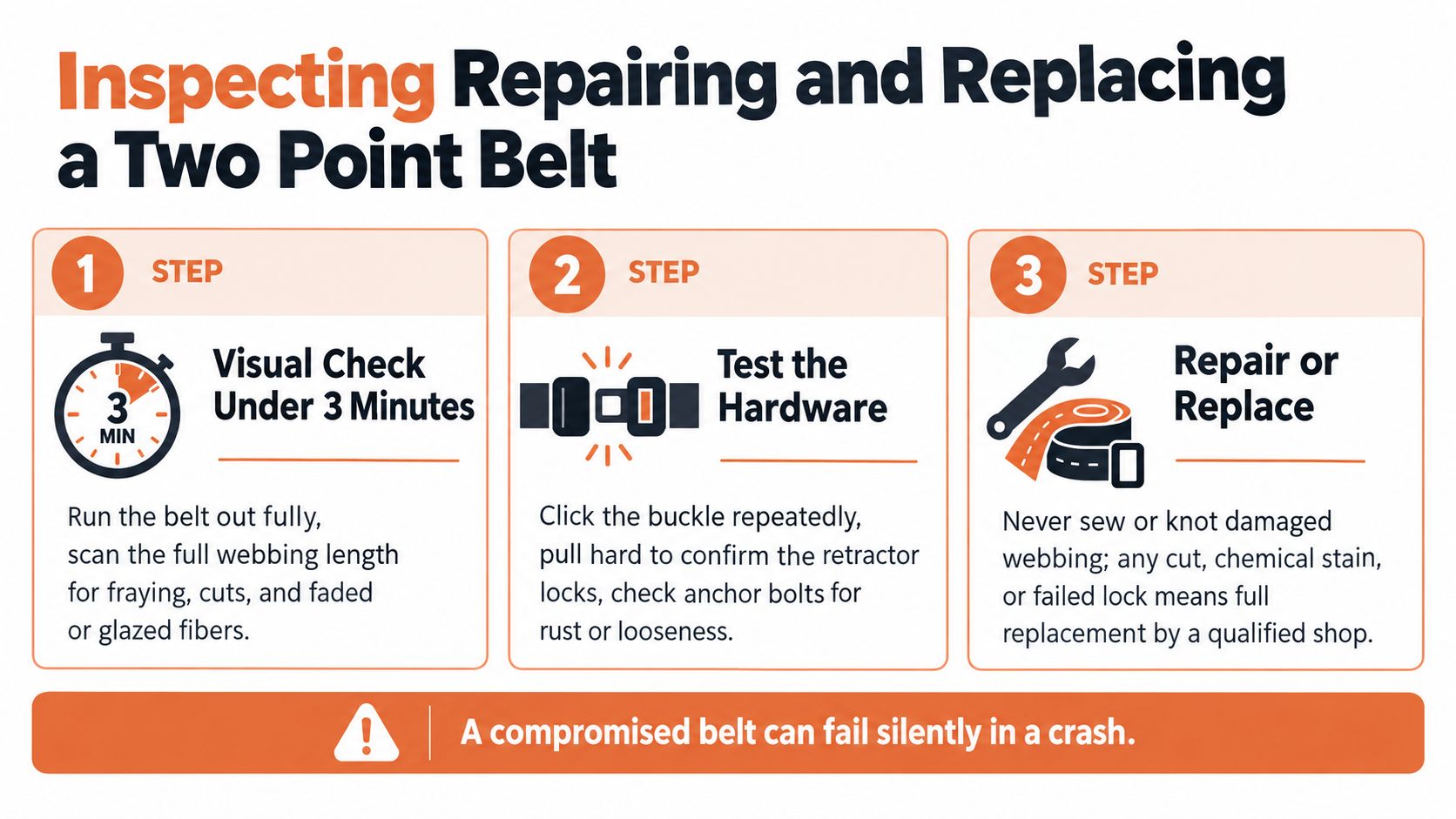 An infographic showing three steps to inspect, test, and repair or replace a two-point seat belt.