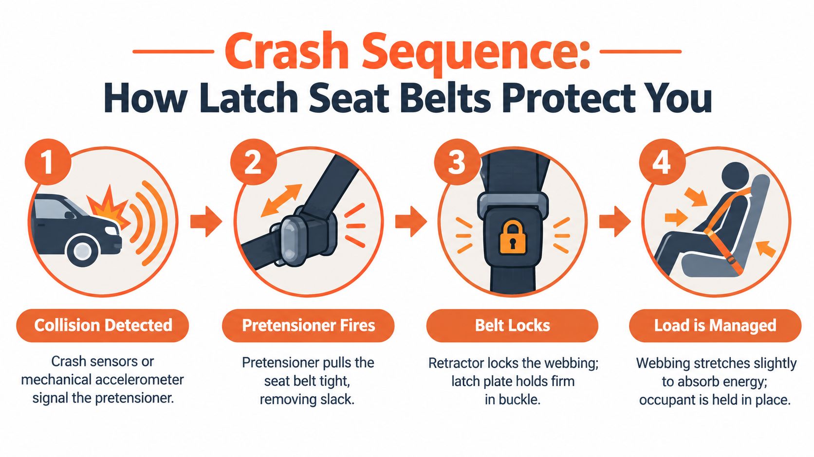 A diagram illustrating the four-step crash sequence of how latch seat belts protect vehicle occupants during collisions.