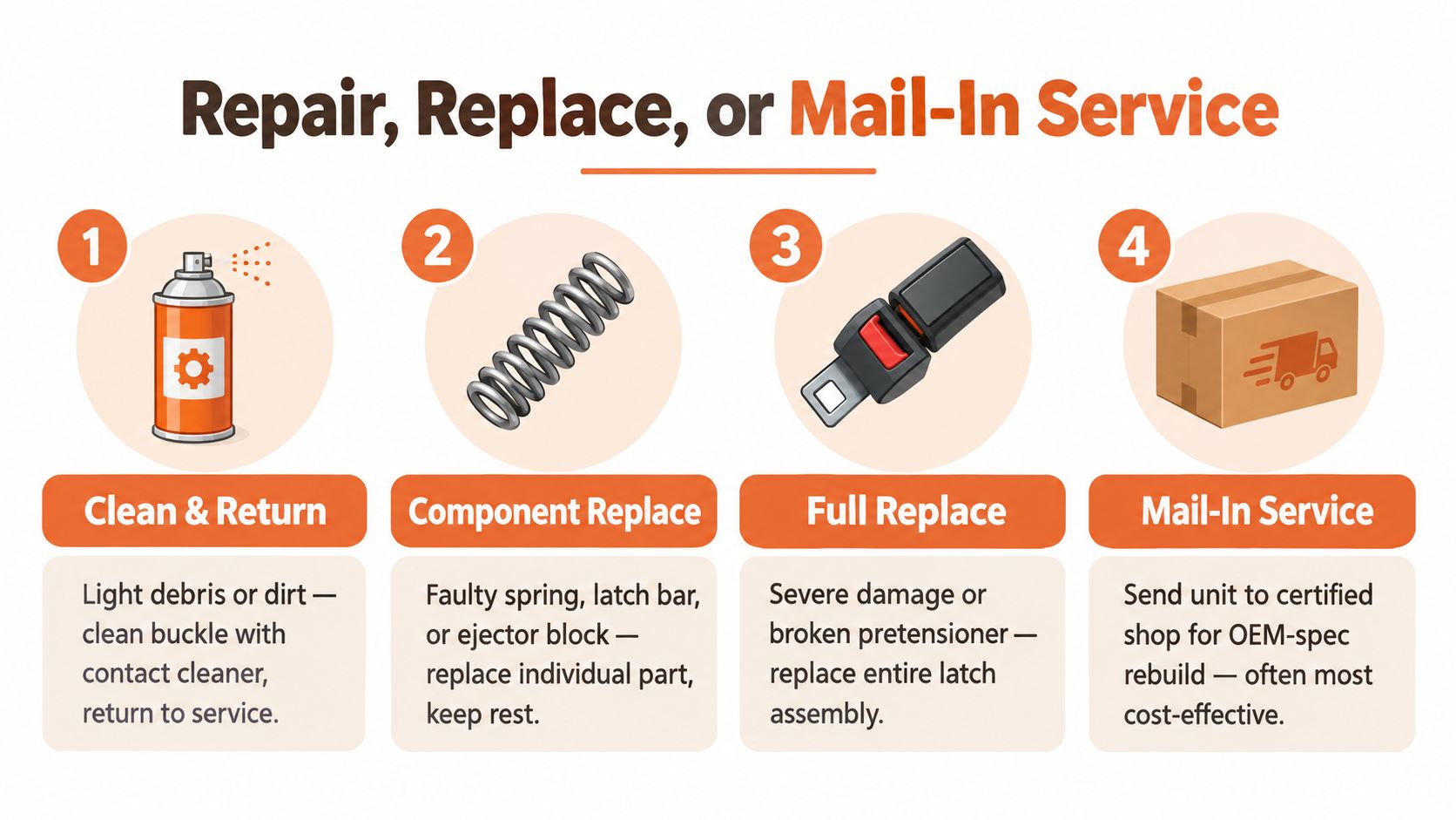 An infographic showing four steps for seat belt latch maintenance including cleaning, component replacement, full replacement, and mail-in service.