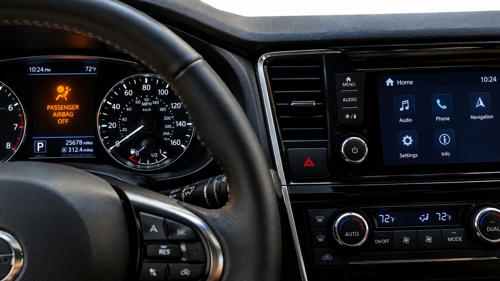 Dashboard of a modern vehicle showing the passenger airbag off warning light illuminated in the instrument cluster.