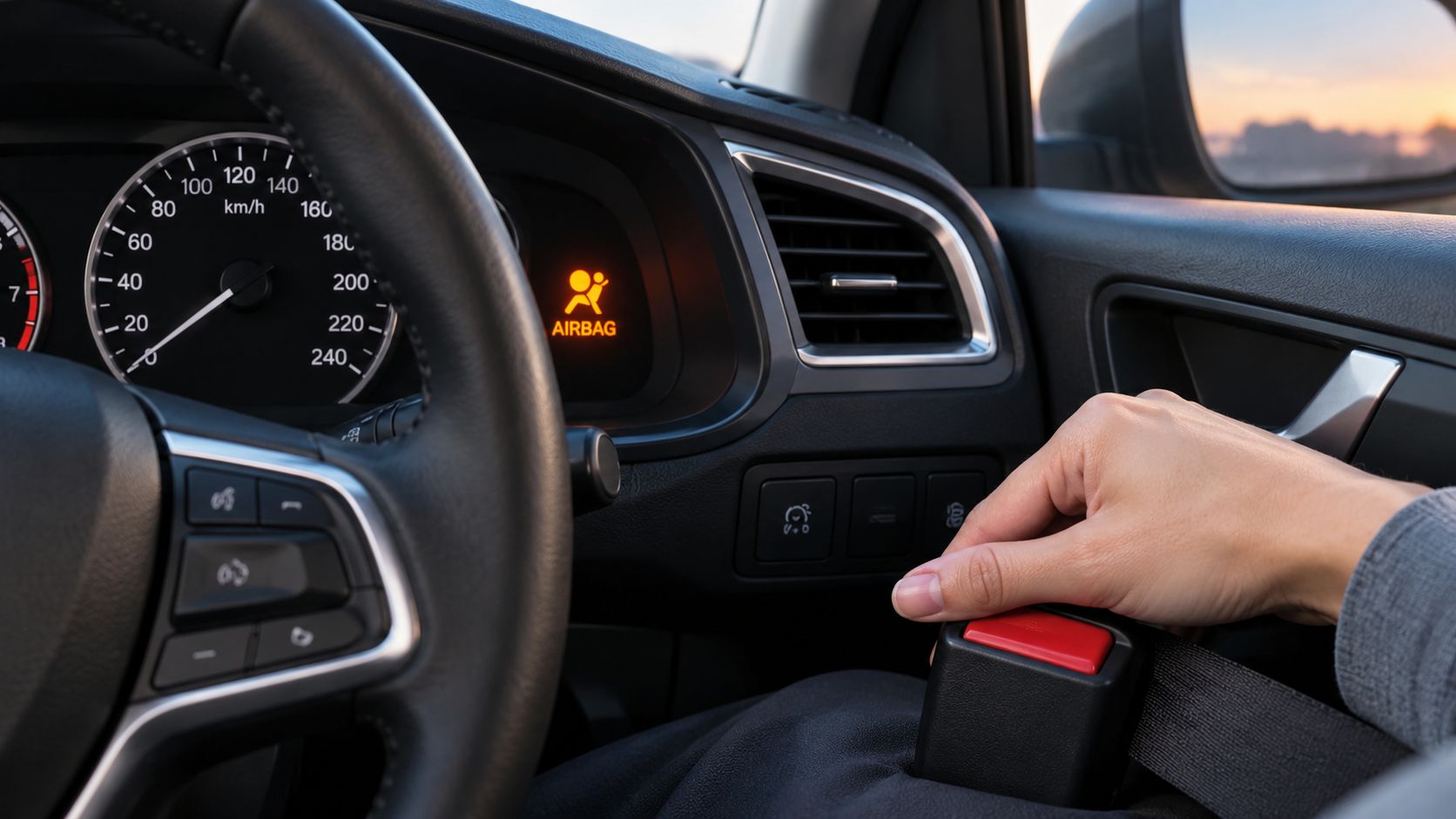 A driver buckling their car seat belt with an active airbag warning light illuminated on the dashboard.