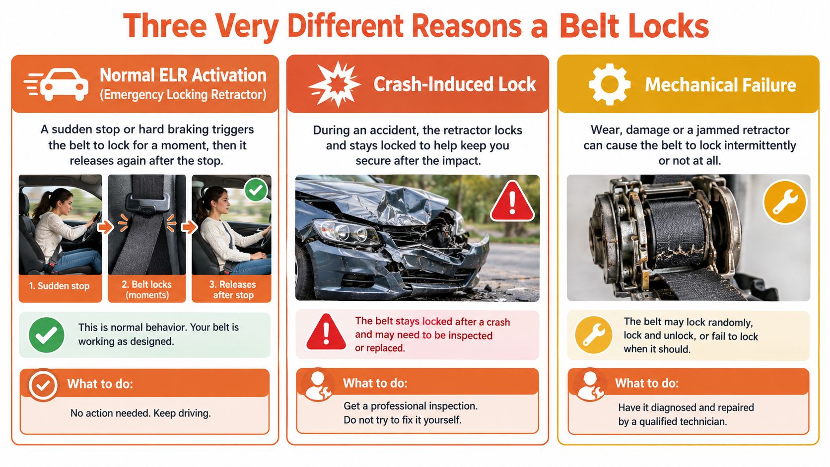 An infographic explaining three distinct reasons why a car seat belt might lock: normal activation, crash, or failure.