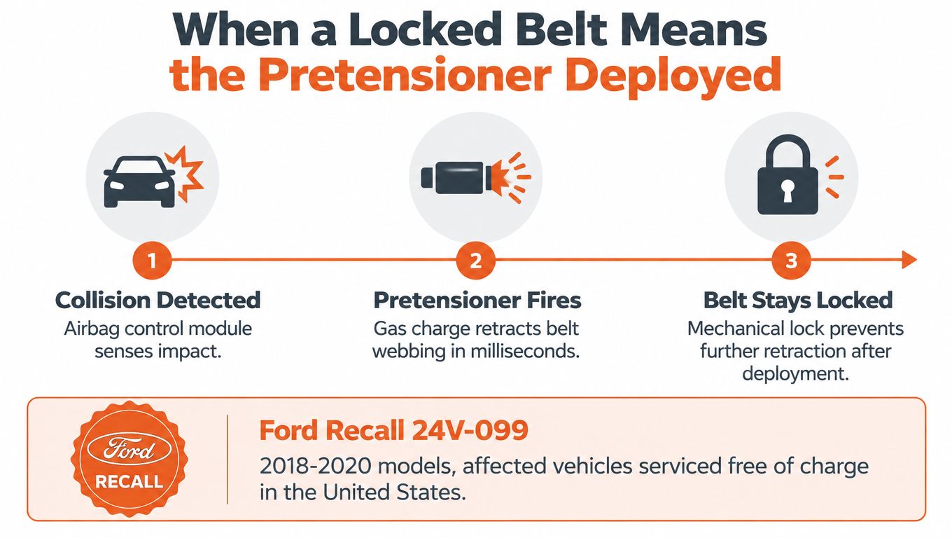 A diagram explaining how a seat belt pretensioner locks during a vehicle collision, related to a Ford recall.