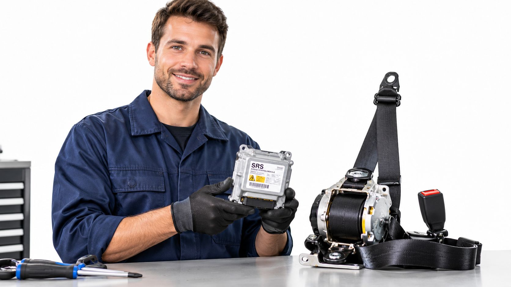 A professional automotive technician holding an SRS airbag control module next to a car seatbelt assembly