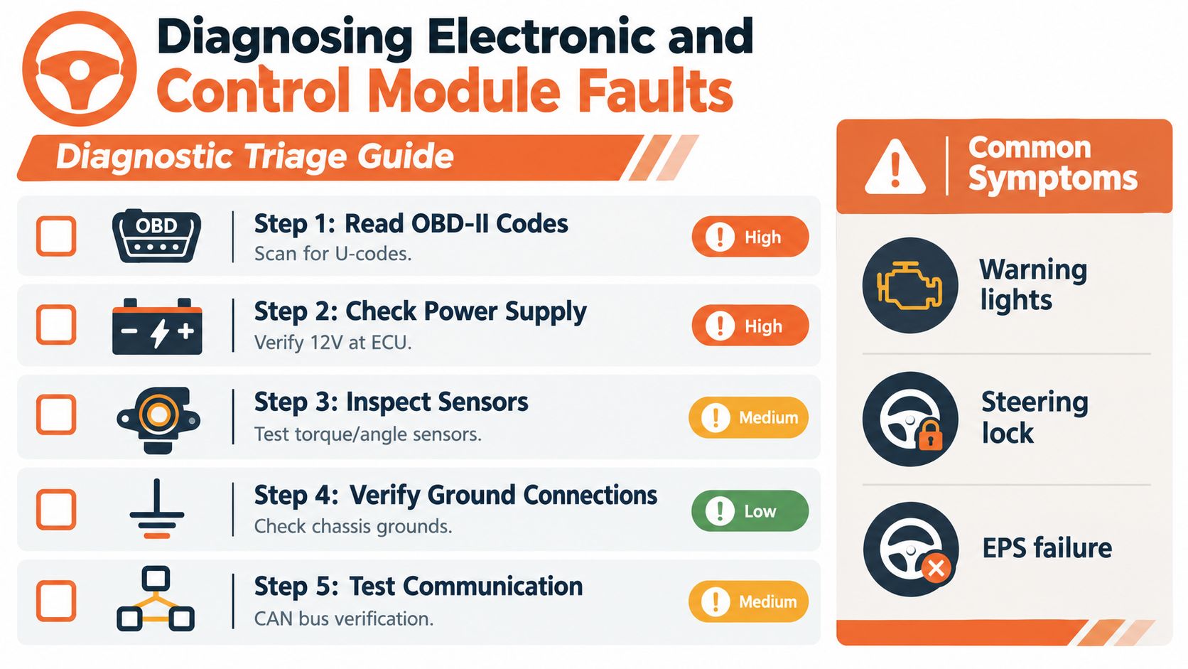 A diagnostic triage guide for identifying electronic and control module faults in vehicle systems.