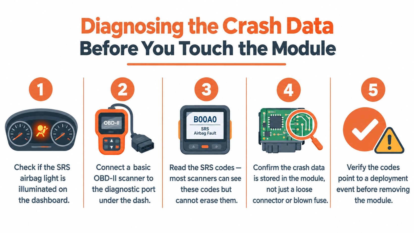 A five-step guide on how to diagnose crash data before removing an SRS airbag control module.