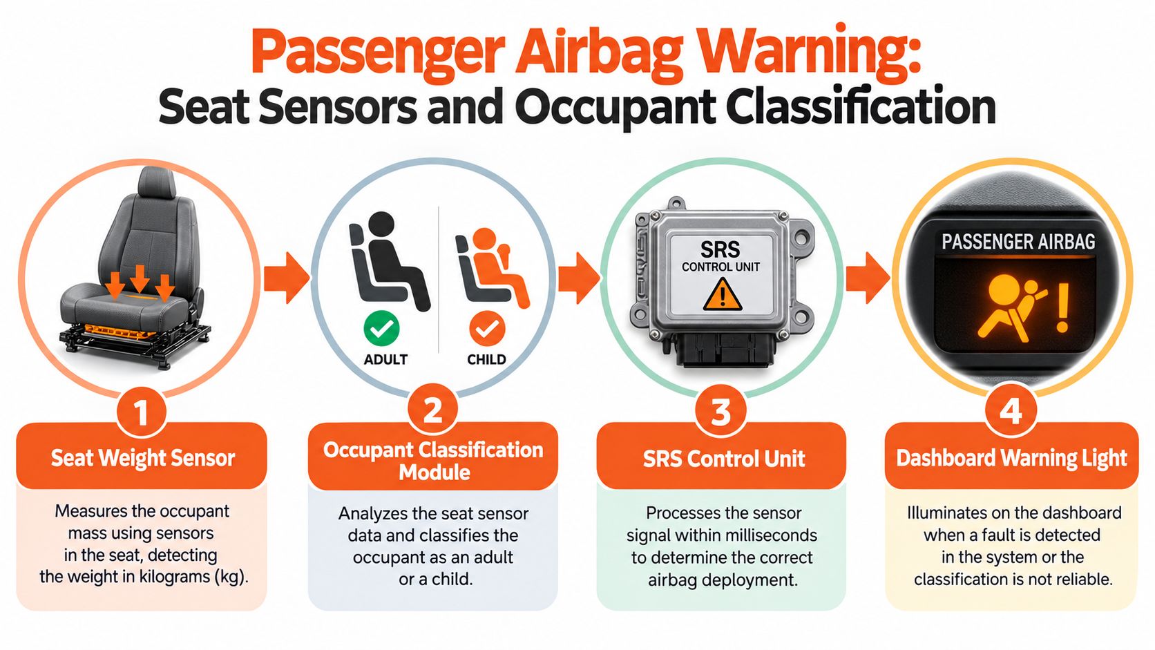 A four-step infographic illustrating how vehicle seat sensors and occupant classification systems manage passenger airbag safety.