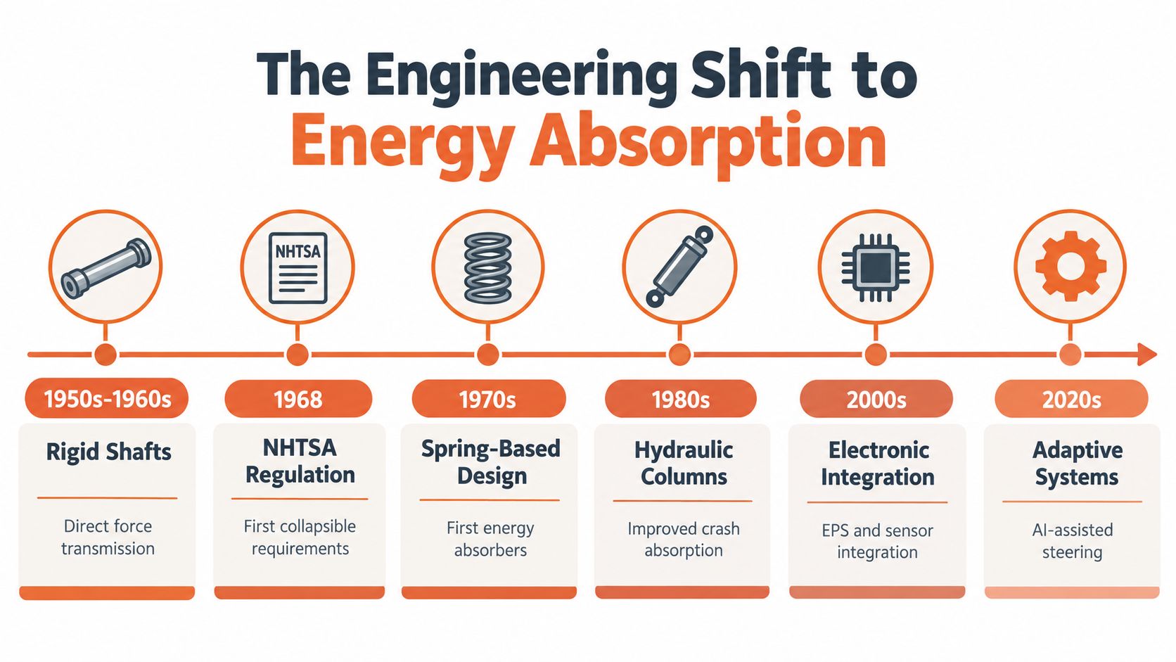A timeline chart illustrating the evolution of steering column engineering for energy absorption from the 1950s to today.