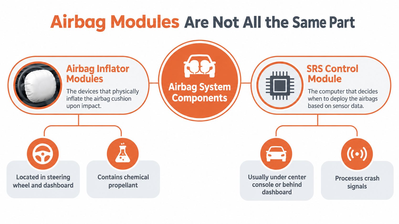 A diagram illustrating the two main airbag system components, their locations, and how they function.