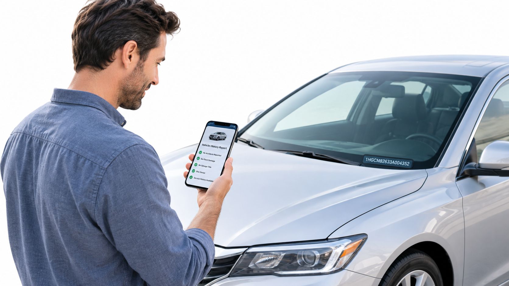 A man looks at a vehicle history report on his smartphone while standing in front of a car.